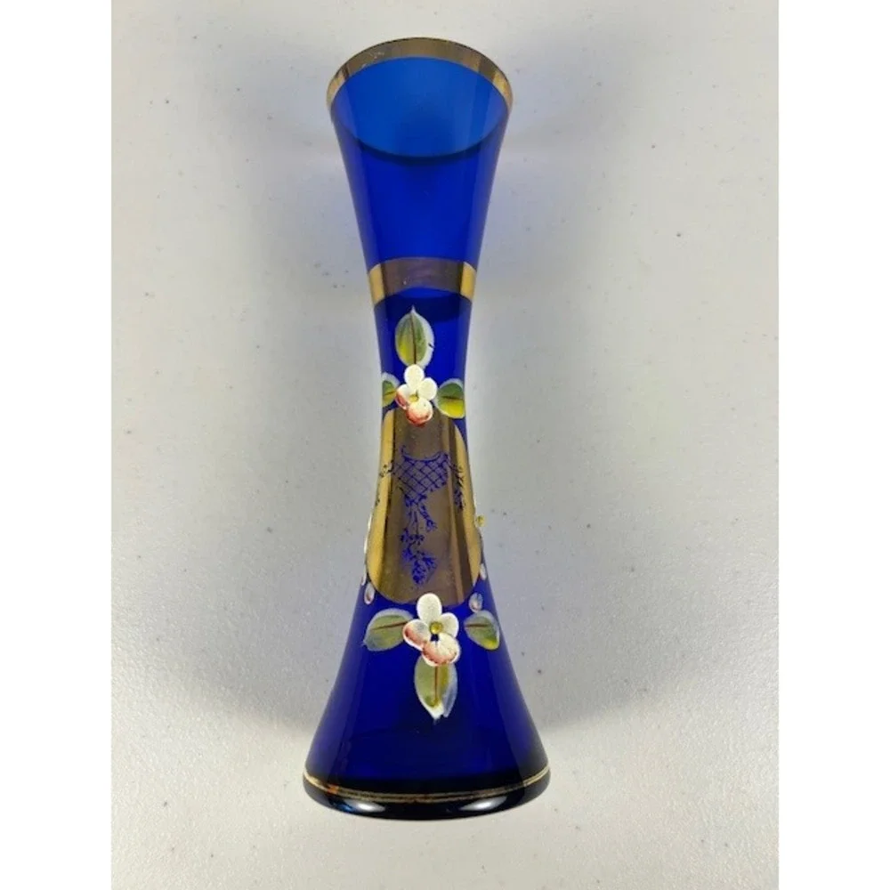 Vintage Cobalt Blue Bohemian Czech Hand Painted Bud Vase  Gold Trimmed ‎ Decor
